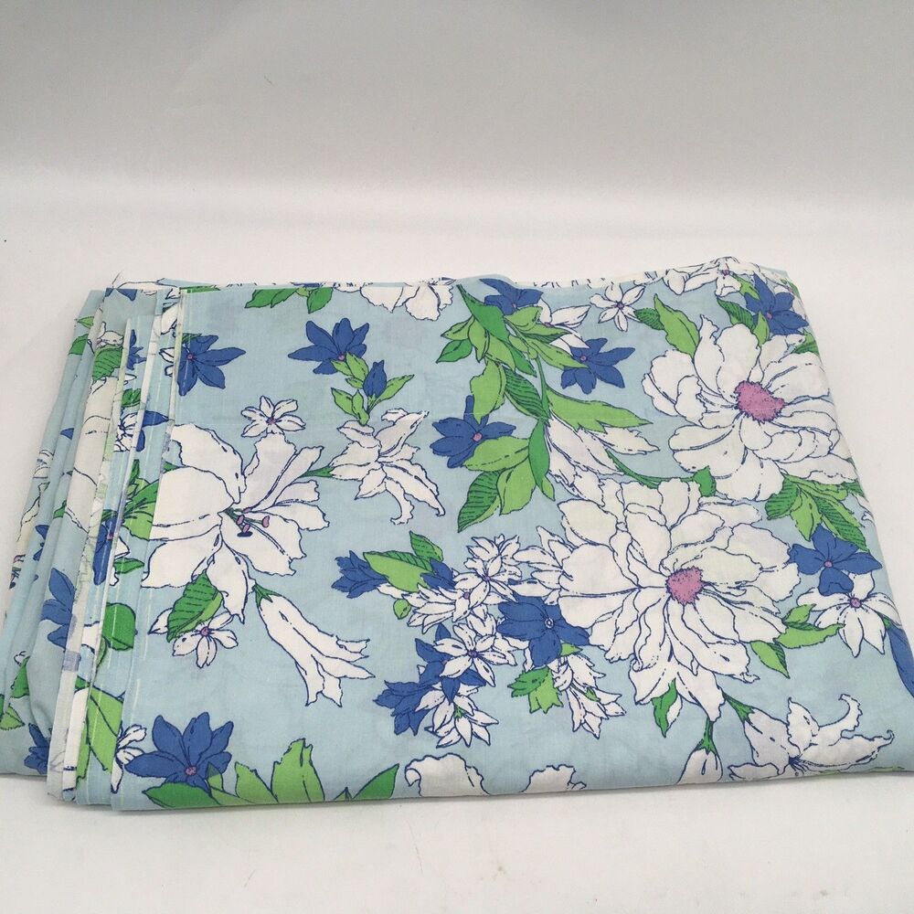 1975 Tastemaker JP Stevens Co Blue White Floral Twin Flat Sheet Peonies? Percale